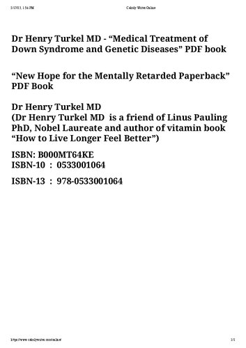 Medical Treatment of Down Syndrome and Genetic Diseases - New Hope for the Mentally Retarded by Dr Henry Turkel (PDF/EPUB Version)
