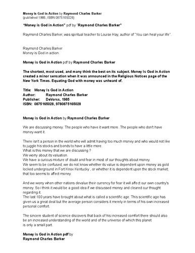 MONEY IS GOD IN ACTION pdf by Raymond Charles Barker (PDF/EPUB Version)
