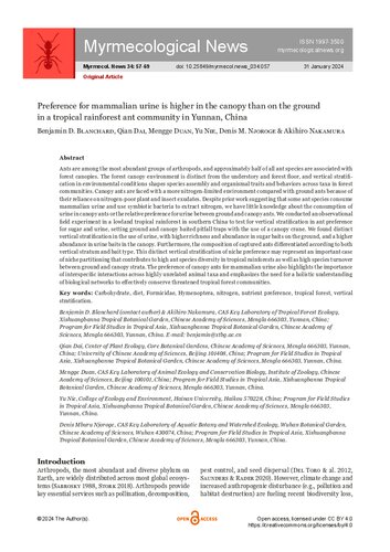 Preference for mammalian urine is higher in the canopy than on the ground in a tropical rainforest ant community in Yunnan, China (PDF/EPUB Version)