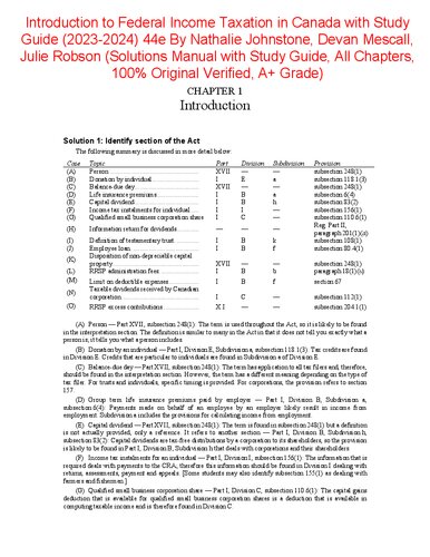 Solutions Manual for Introduction to Federal Income Taxation in Canada with Study Guide (2023-2024) (PDF/EPUB Version)