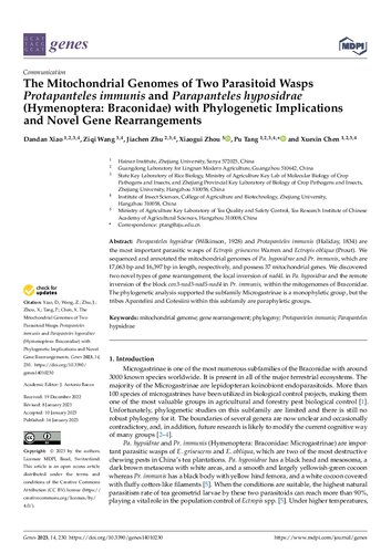 The Mitochondrial Genomes of Two Parasitoid Wasps Protapanteles immunis and Parapanteles hyposidrae (Hymenoptera: Braconidae) with Phylogenetic Implications and Novel Gene Rearrangements (PDF/EPUB Version)
