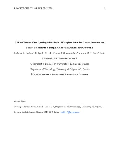 A Short Version of the Opening Minds Scale - Workplace Attitudes: Factor Structure and Factorial Validity in a Sample of Canadian Public Safety Personnel (PDF/EPUB Version)