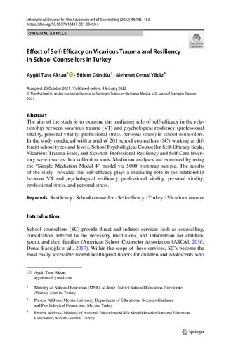 Effect of Self?Efficacy on Vicarious Trauma and Resiliency in School Counsellors in Turkey (PDF/EPUB Version)