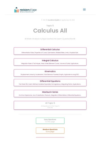 Revision village Math AA HL - Calculus - Easy Difficulty Questionbank (PDF/EPUB Version)