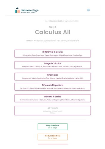 Revision village Math AA HL - Calculus - Hard Difficulty Questionbank (PDF/EPUB Version)