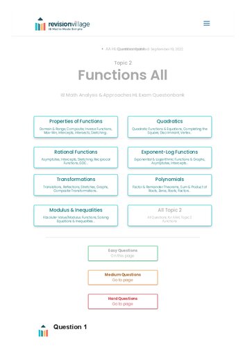Revision village Math AA HL - Functions - Easy Difficulty Questionbank (PDF/EPUB Version)