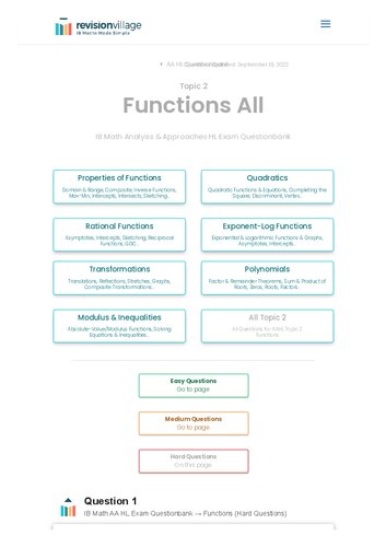 Revision village Math AA HL - Functions - Hard Difficulty Questionbank (PDF/EPUB Version)