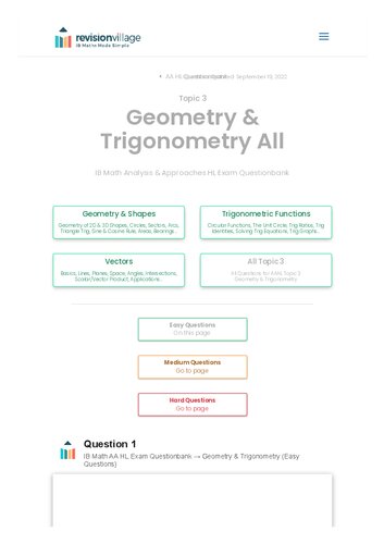 Revision village Math AA HL - Geometry & Trigonometry - Easy Difficulty Questionbank (PDF/EPUB Version)
