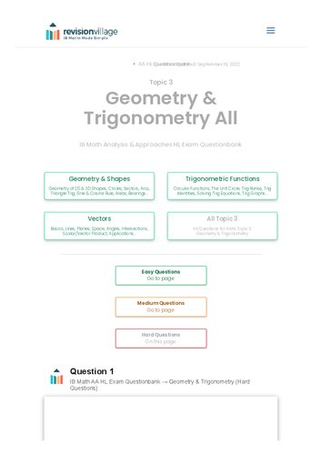 Revision village Math AA HL - Geometry & Trigonometry - Hard Difficulty Questionbank (PDF/EPUB Version)