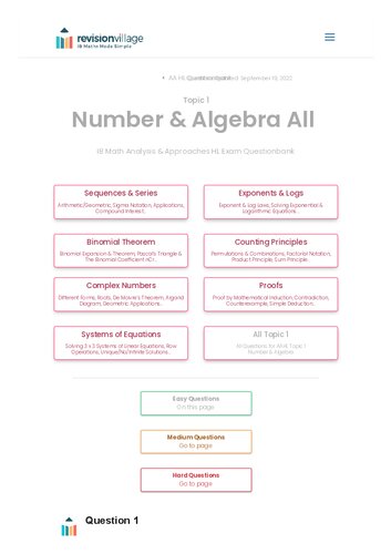 Revision village Math AA HL - Number & Algebra - Easy Difficulty (PDF/EPUB Version)
