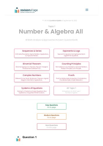 Revision village Math AA HL - Number & Algebra - Hard Difficulty Questionbank (PDF/EPUB Version)