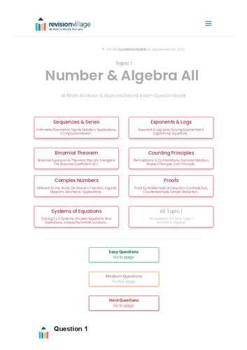 Revision village Math AA HL - Number & Algebra - Medium Difficulty Questionbank (PDF/EPUB Version)