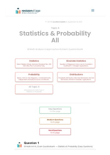 Revision village Math AA HL - Statistics & Probability - Easy Difficulty Questionbank (PDF/EPUB Version)