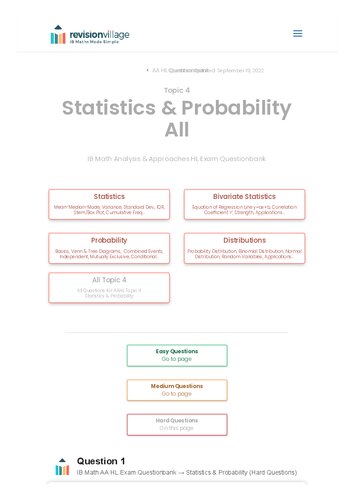 Revision village Math AA HL - Statistics & Probability - Hard Difficulty Questionbank (PDF/EPUB Version)