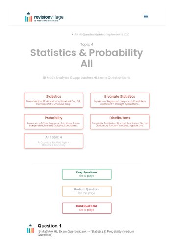 Revision village Math AA HL - Statistics & Probability - Medium Difficulty Questionbank (PDF/EPUB Version)
