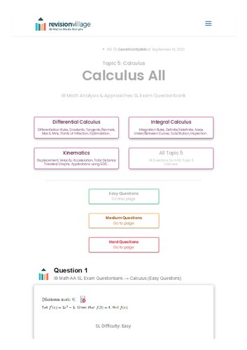 Revision village Math AA SL - Calculus - Easy Difficulty Questionbank (PDF/EPUB Version)