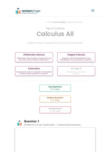 Revision village Math AA SL - Calculus - Hard Difficulty Questionbank (PDF/EPUB Version)