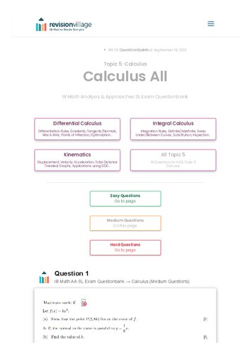 Revision village Math AA SL - Calculus - Medium Difficulty Questionbank (PDF/EPUB Version)