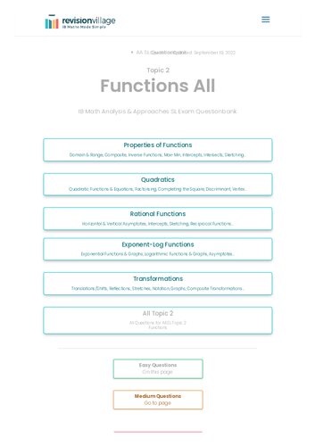 Revision village Math AA SL - Functions - Easy Difficulty Questionbank (PDF/EPUB Version)