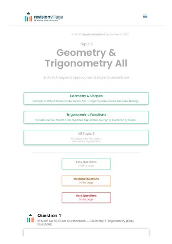 Revision village Math AA SL - Geometry & Trigonometry - Easy Difficulty Questionbank (PDF/EPUB Version)
