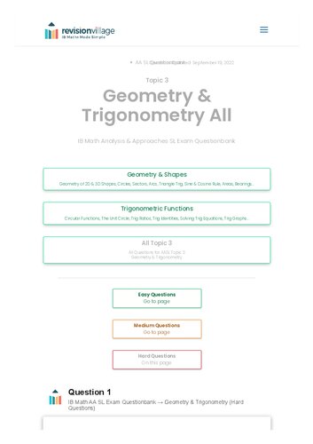 Revision village Math AA SL - Geometry & Trigonometry - Hard Difficulty Questionbank (PDF/EPUB Version)