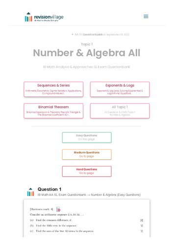 Revision village Math AA SL - Number & Algebra - Easy Difficulty Questionbank (PDF/EPUB Version)