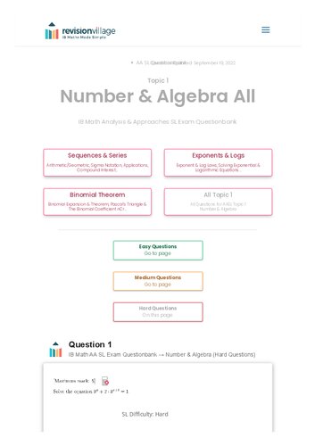 Revision village Math AA SL - Number & Algebra - Hard Difficulty Questionbank (PDF/EPUB Version)