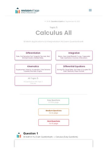 Revision village Math AI HL - Calculus - Easy Difficulty Questionbank (PDF/EPUB Version)