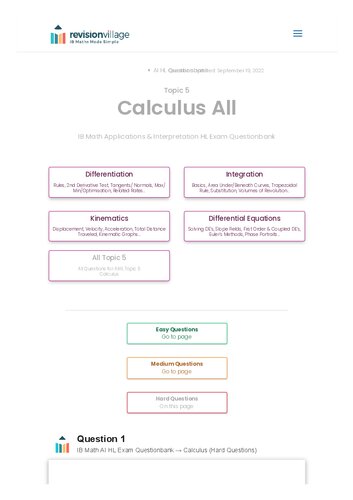 Revision village Math AI HL - Calculus - Hard Difficulty Questionbank (PDF/EPUB Version)