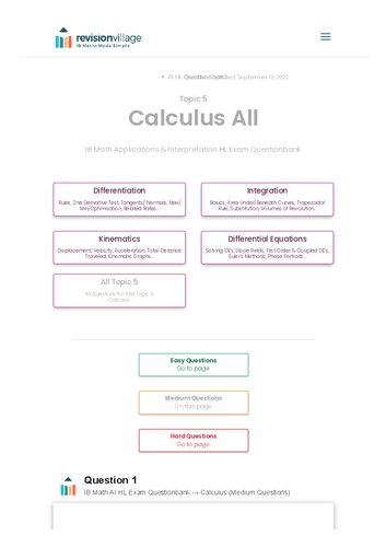 Revision village Math AI HL - Calculus - Medium Difficulty Questionbank (PDF/EPUB Version)
