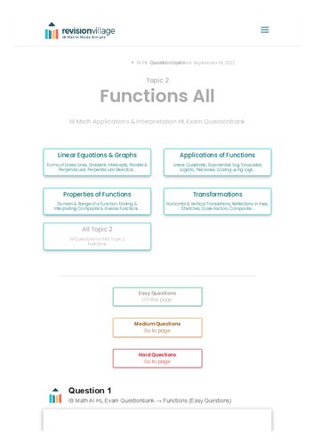 Revision village Math AI HL - Functions - Easy Difficulty Questionbank (PDF/EPUB Version)