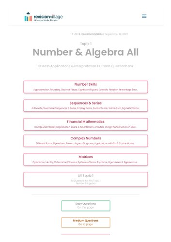 Revision village Math AI HL - Number & Algebra - Easy Difficulty Questionbank (PDF/EPUB Version)