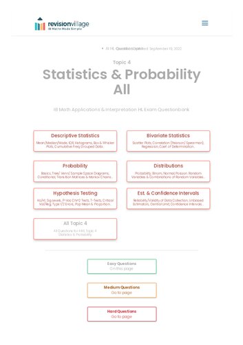 Revision village Math AI HL - Statistics & Probability - Easy Difficulty Questionbank (PDF/EPUB Version)