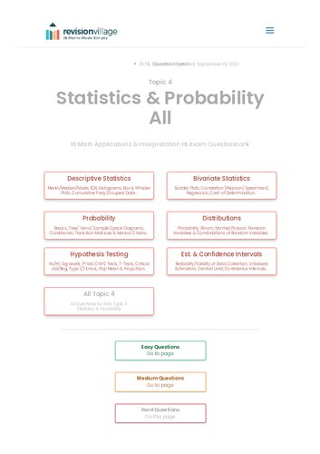 Revision village Math AI HL - Statistics & Probability - Hard Difficulty Questionbank (PDF/EPUB Version)