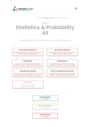 Revision village Math AI HL - Statistics & Probability - Medium Difficulty Questionbank (PDF/EPUB Version)