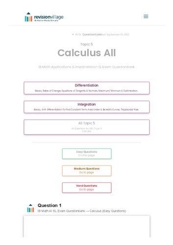 Revision village Math AI SL - Calculus - Easy Difficulty Questionbank (PDF/EPUB Version)