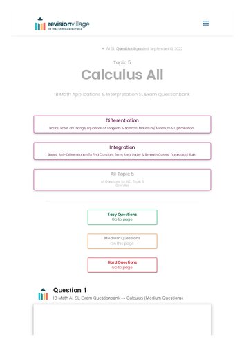Revision village Math AI SL - Calculus - Medium Difficulty Questionbank (PDF/EPUB Version)