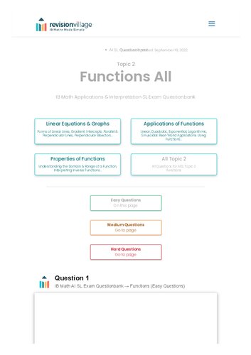 Revision village Math AI SL - Functions - Easy Difficulty Questionbank (PDF/EPUB Version)