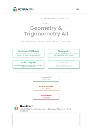 Revision village Math AI SL - Geometry & Trigonometry - Easy Difficulty Questionbank (PDF/EPUB Version)