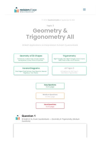 Revision village Math AI SL - Geometry & Trigonometry - Medium Difficulty Questionbank (PDF/EPUB Version)