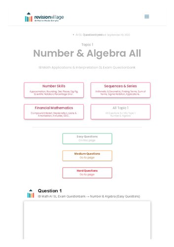 Revision village Math AI SL - Number & Algebra - Easy Difficulty Questionbank (PDF/EPUB Version)