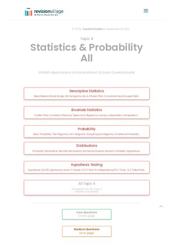 Revision village Math AI SL - Statistics & Probability - Easy Difficulty Questionbank (PDF/EPUB Version)
