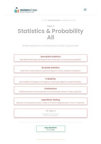 Revision village Math AI SL - Statistics & Probability - Hard Difficulty Questionbank (PDF/EPUB Version)