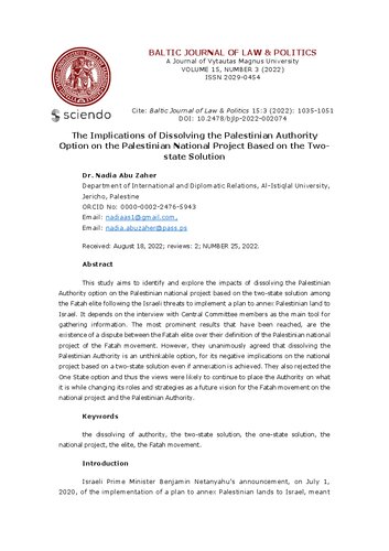 The Implications of Dissolving the Palestinian Authority Option on the Palestinian National Project Based on the Two state Solution (PDF/EPUB Version)