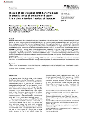 The role of non-stenosing carotid artery plaques in embolic stroke of undetermined source, is it a silent offender? A review of literature (PDF/EPUB Version)