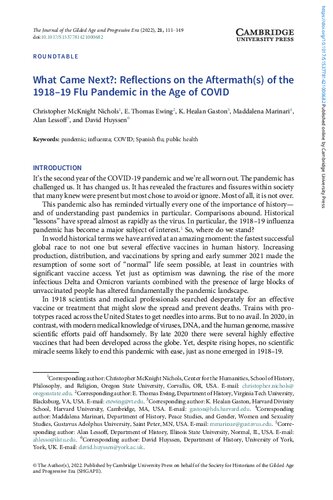 What Came Next?: Reflections on the Aftermath(s) of the 1918–19 Flu Pandemic in the Age of COVID (PDF/EPUB Version)